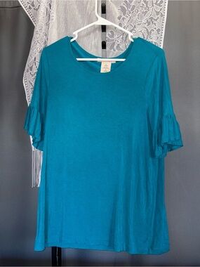 Philosophy Teal Ruffle Bell Sleeve Top Soft Stretch Knit Tee Blouse Size M